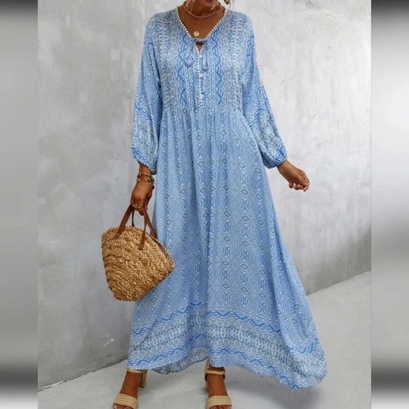 Allover Print Tie Neck Lantern Sleeve Dress - Picture 3 of 6